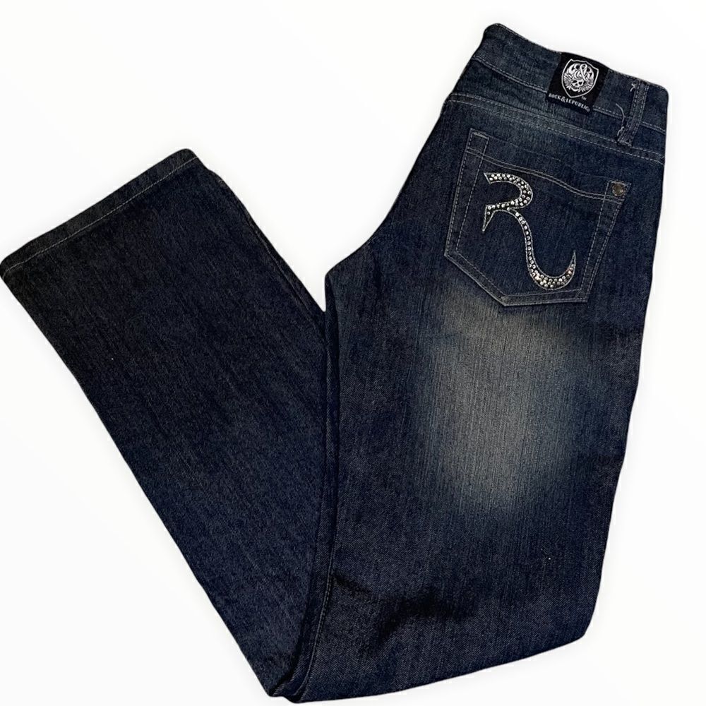 NWOT Rock & Republic Dark Wash Straight Leg Low Rise Denim Rhinestone Jeans 27